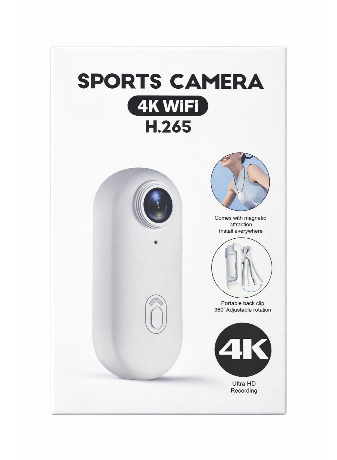 Sports Camera 4K WiFi, H.265 Video, Waterproof 30m, Ultra HD Recording, Magnetic Attraction, 360° Adjustable Clip, Type-C Interface,